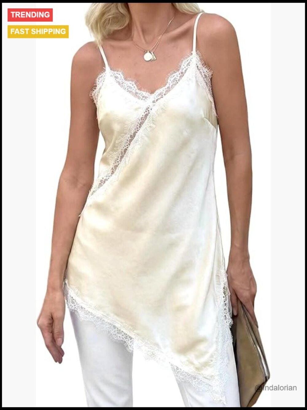 Satin Lace Cami Top V Neck Asymmetrical Backless Silky Camisole Club Wear